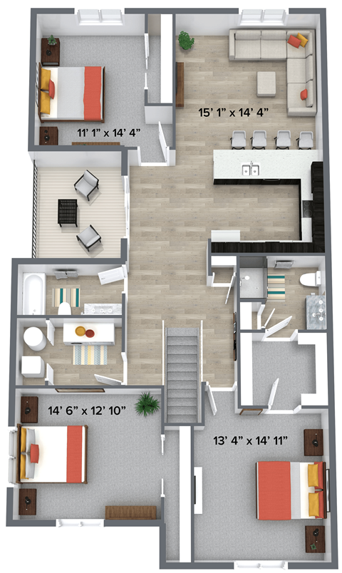 Floor plan for 3 beds, 2 baths, 1524 sqft